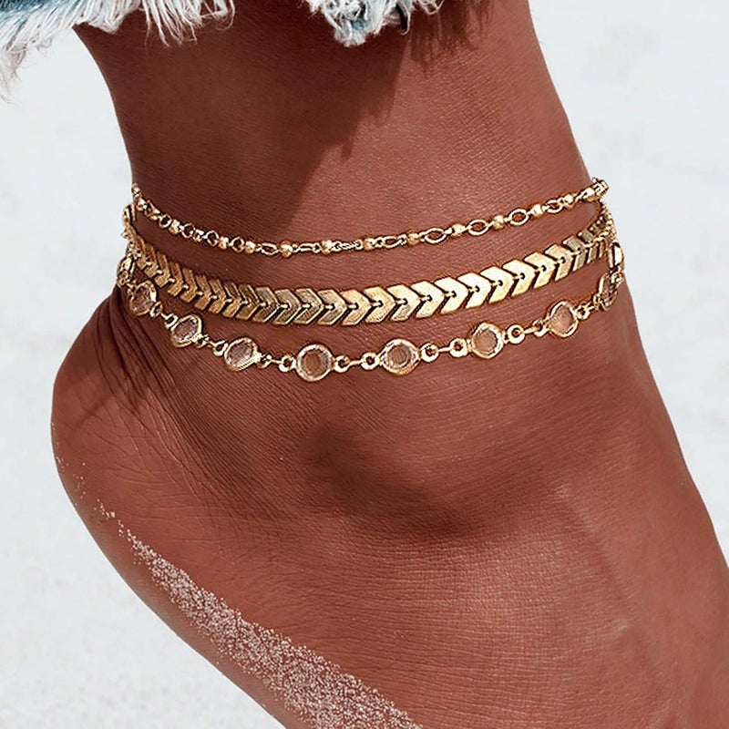 MIDEEO Gold/Silver Ankle Bracelets for Women,14K Gold Anklets for Women Waterproof Cuban Link Heart Beads Herringbone Rhinestone Anklets Set Layered Anklet Bracelets for Women Gold Jewelry Gift - Image 4